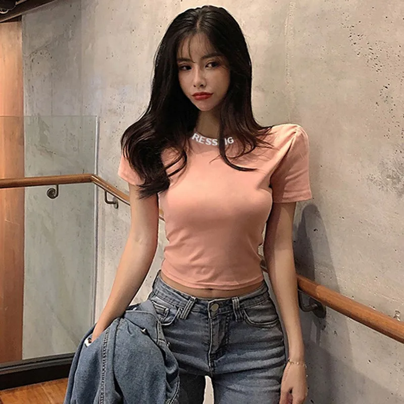 

2020 Women Letter Print Short Sleeve T shirt Women Casual Tee Shirt Femme Fashion O-Neck Tshirt Slim Crop Top Camiseta