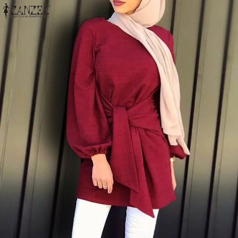 ZANZEA Women Autumn Shirt Stylish Muslim BlouseVintage Long Sleeve Lace Up Tops Casual Solid Dubai Abaya Turkey Blusas S- | Женская