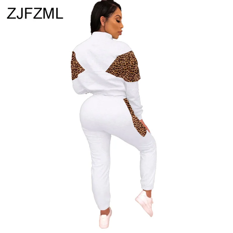 

Leopard Patchwork 2 Piece Sets Womens Outfits Standing Collar Zipper Crop Top and Bodycon Pencil Pants Vintage Two Pieces Set