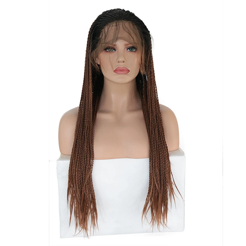 

AIMEYA Dark Roots Ombre Brown Braided Synthetic Lace Front Wigs Two Tone Half Hand Tied 2X Twist Box Braids Wig for Black Women