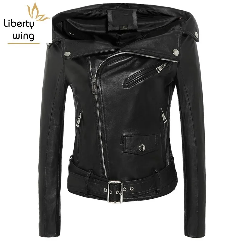 Женская короткая куртка из натуральной овчины облегающая панк-куртка с