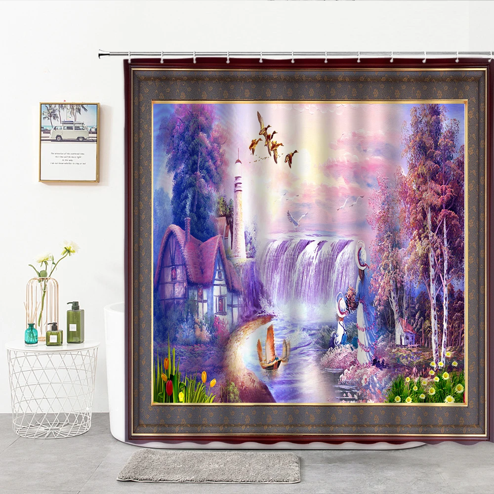 

Oil Painting Landscape Shower Curtains Fabric Geometric Nordic Living Room Bedroom Decoration Bath Curtains Bathroom Supplies