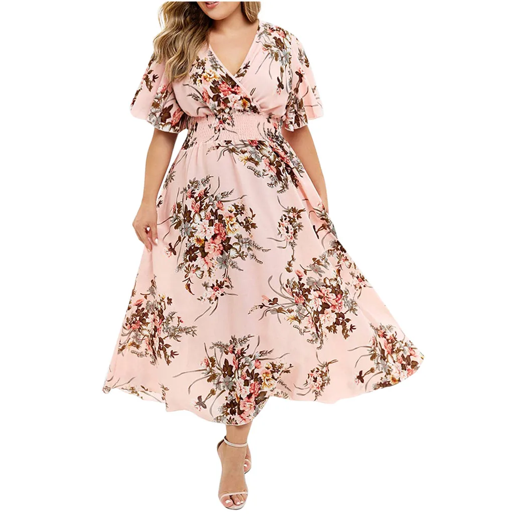

Plus Size Dress Fashion Women Floral Printed Dresses Ladies V-Neck Short Sleeve Casual Dress vestido de mulher roupas femininas