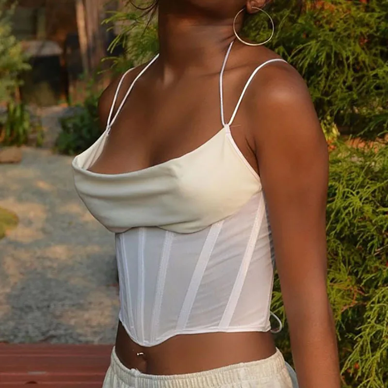 

FAKUNTN Sexy Corset Crop Tops Women Camis 2021 Spring Summer Fashion Net Yarn Perspective Sleeveless Party Sexy Camisoles Top