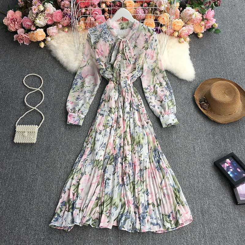 Женское платье с длинным рукавом и принтом v образный вырез бант пышные рукава