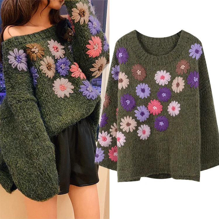 

New loose old soft girl hand double-layer three-dimensional Crochet Mohair knitting crochet outside wear large sweater