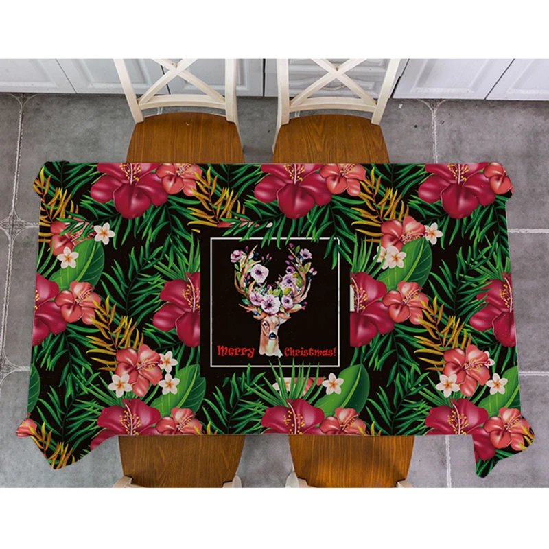 

Table Cloth Christmas elk Santa Claus Tropical plant leaves Cotton Linen Tablecloth Dining Table Cover For Kitchen Home Decor
