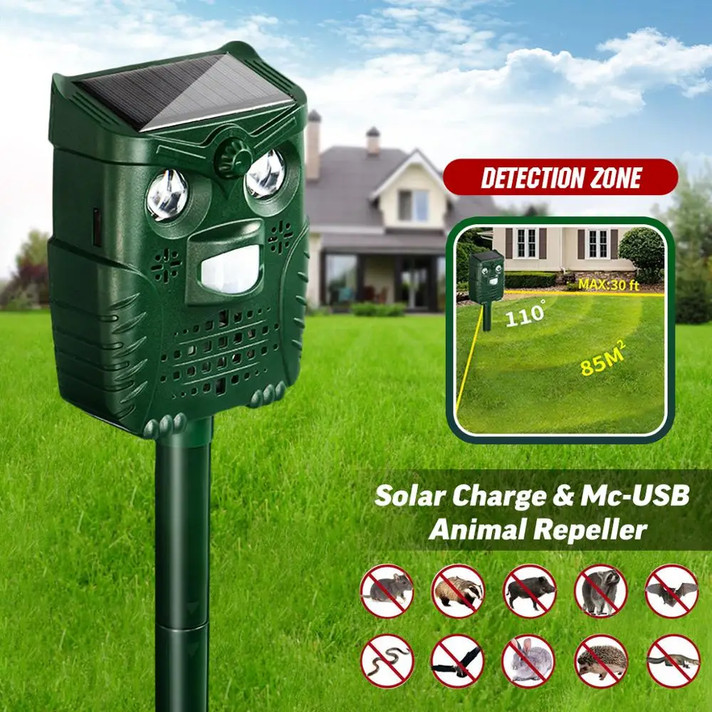 

4-Modes Solar Powered Ultrasonic Pest Animal Repeller Rechargeable Cat Pest Fox Bird Sensor Outdoor Repellent