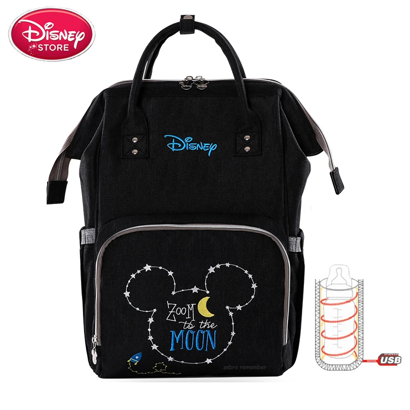 black Disney Mummy сумки Минни Микки Маус рюкзак сумка Мама мешок USB Подогрев изоляции бутылки для ухода за ребенком путешествия пеленки мешок - Цвет: black