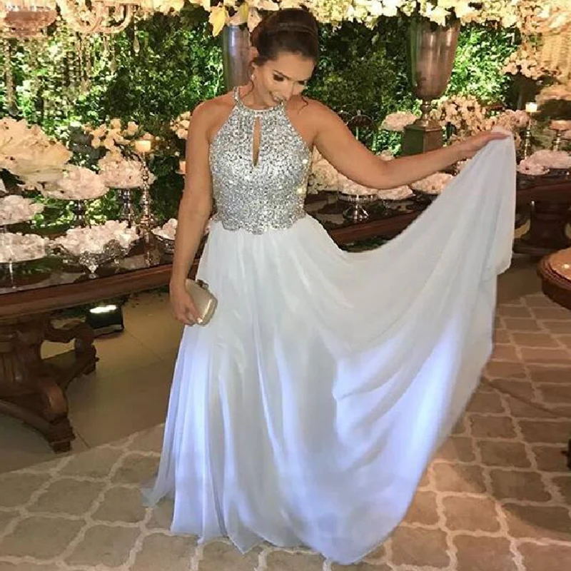 

Crystals Prom Dresses 2020 Halter Beaded with Crystals A-Line White Chiffon Custom Made Floor Length Evening Party Dresses 2020