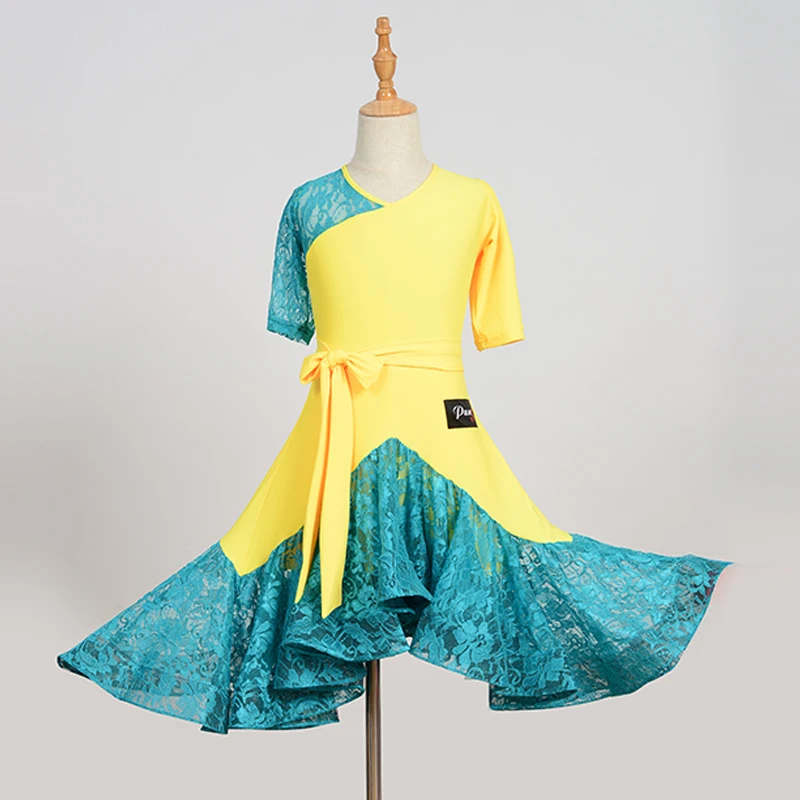 Dress Новинка; платье для латинских танцев; Детские платья для девочек; цвет желтый, синий; кружевное платье для ча-Фламенго, Танго, сальсы; платье для соревновательных танцев; BL04 - Цвет: Dress