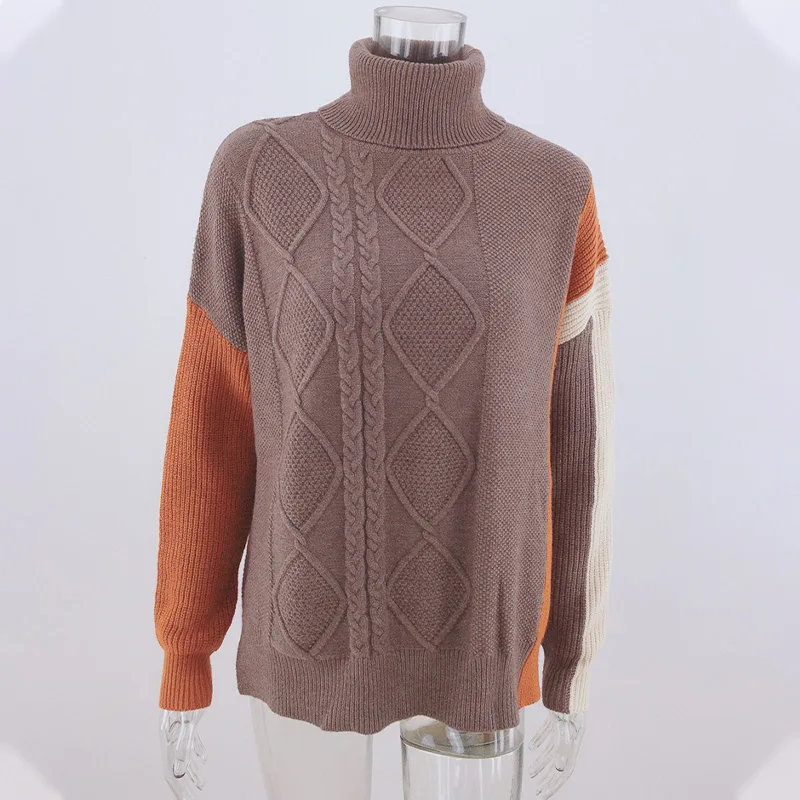 Женский Асимметричный вязаный свитер в стиле пэчворк водолазка с длинным