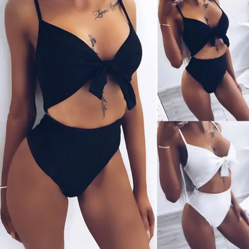 Womens Two Piece Suit Swimsuit Push Up Padded Bandage Bra Triangle Panty Solid Color Bikini Set Swimwear Bathing Black Monokini |