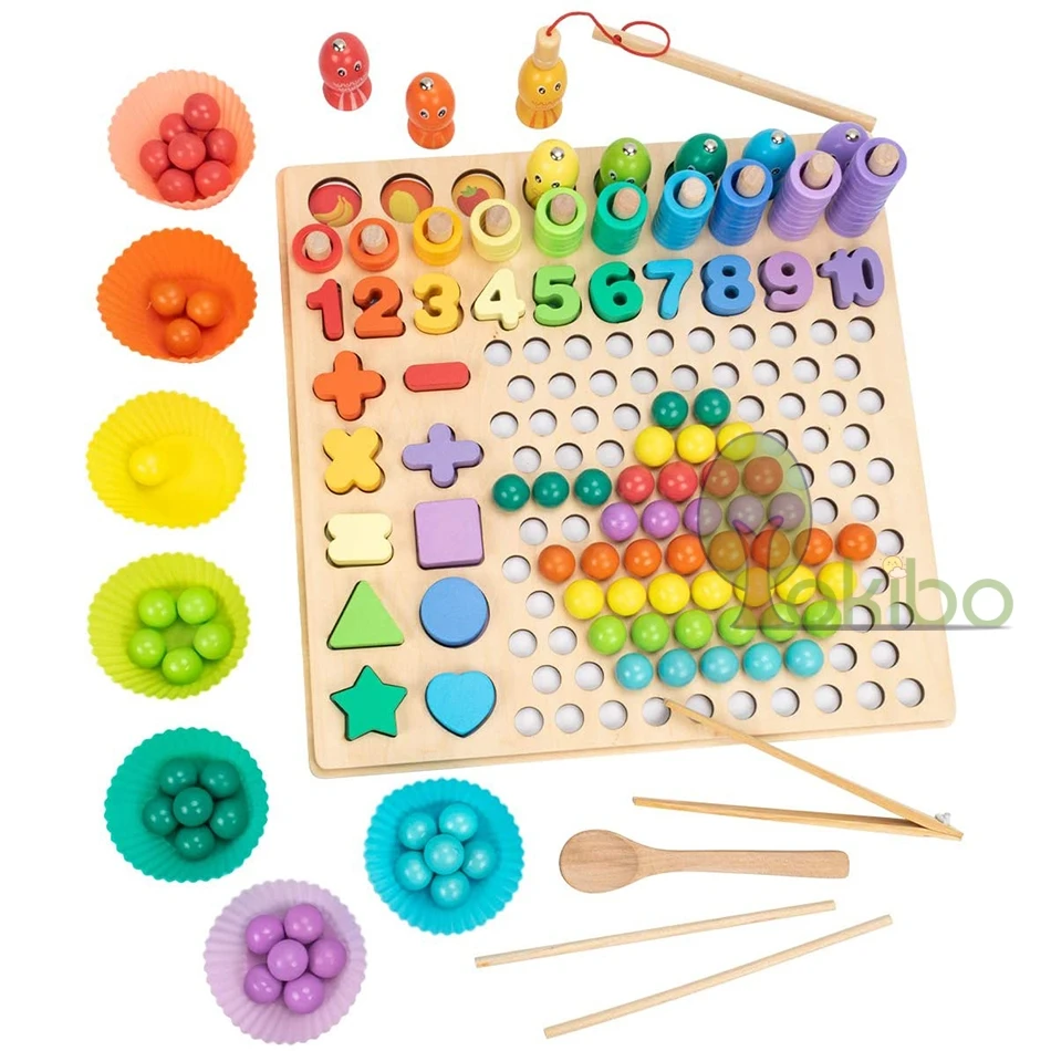 

Montessori Educational Wooden Toys Math Fishing Board Game Hands Brain Training Clip Beads Puzzle Math Game for Baby Children