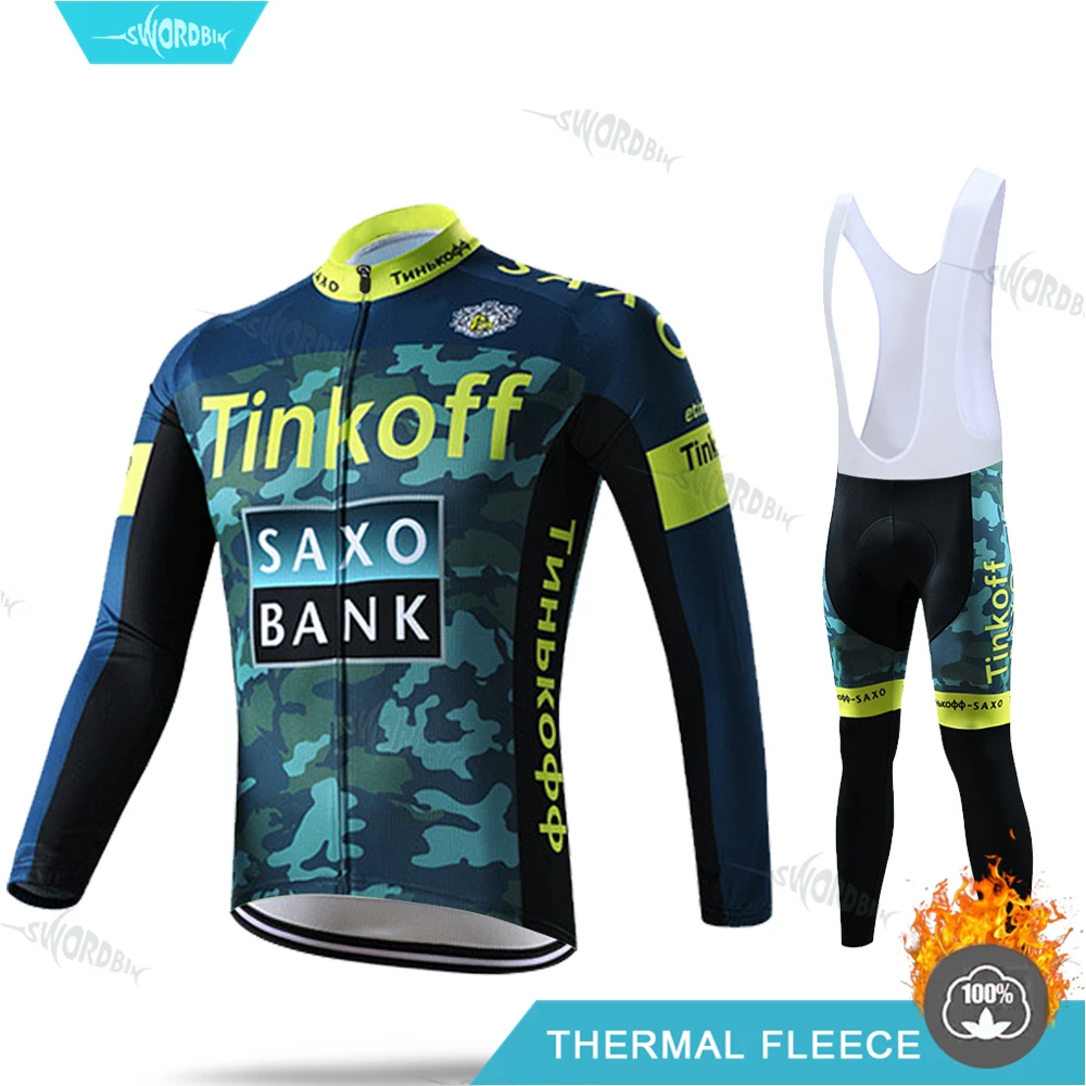 Bib Cycling Set Велоспорт одежда для мужчин Pro Team Велоспорт трикотажный комплект Tinkoff Мужская зимняя одежда флуоресцентный цвет Тепловая флисовая одежда комплект с длинными рукавами MTB Uninform - Цвет: Bib Cycling Set