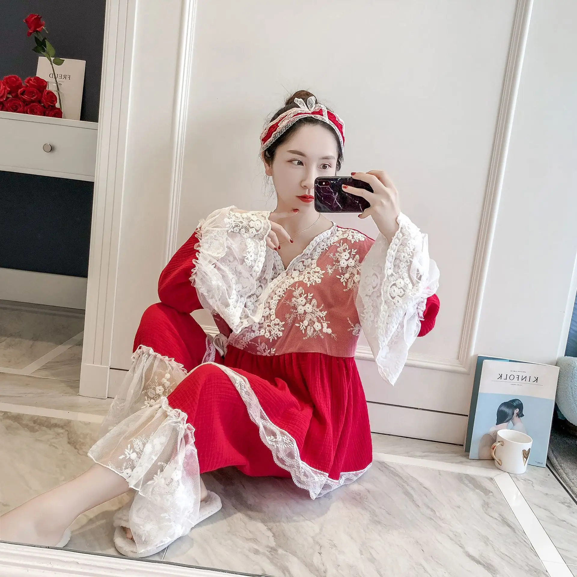 Лоскутная кружевная модная женская хлопковая Смешанная Пижама кимоно свободный