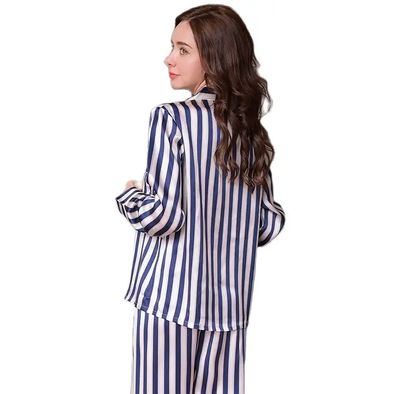 Fashion Genuine Silk Women Pajamas Striped Printed Long-Sleeve Pyjama Long Pants Sets 100% Silkworm Silk Sleepwear Female T8131