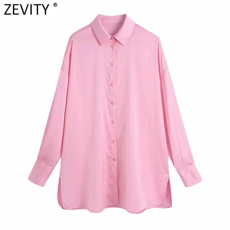 

Zevity New 2021 Women Fashion Solid Single Breasted Pink Satin Smock Blouse Office Lady Side Split Shirt Chic Blusas Tops LS9562