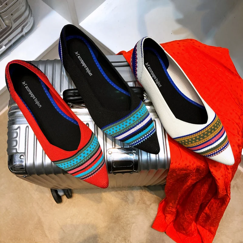 Туфли-лодочки женские трикотажные летние с острым носком дышащие