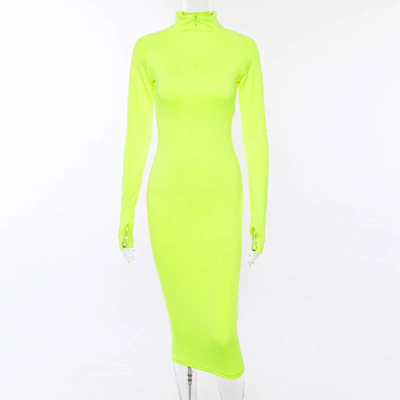 

2019 Sexy Rose Red Bodycon Midi Dresses Autumn Women Dress Long Sleeve Turtleneck Zipper Casual Party Club Dresses vestidos