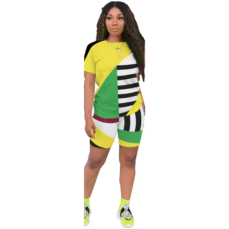 Adogirl Stripe Color Patchwork Two Piece Set Short Sleeve T Shirt Top Shorts 2020 Summer Women Casual Tracksuit Home Suit S-3XL |