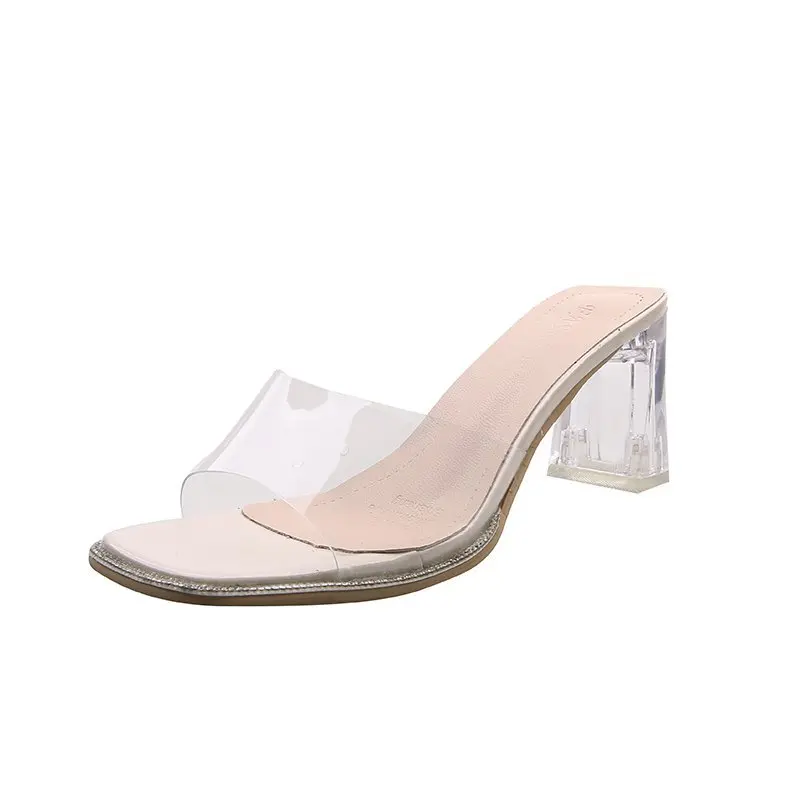 

Shoes Square heel Slippers Women Summer Glitter Slides Low Fashion Pantofle Transparent Heel Heeled Mules Block Jelly Luxury 202