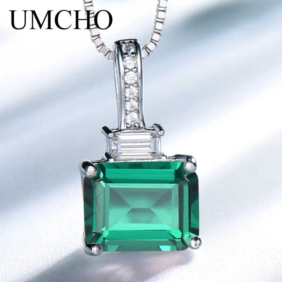 

UMCHO Rectangle Nano Emerald Necklace Genuine 925 Sterling Silver Pendants Necklaces for Women Anniversary Gift Fine Jewelry