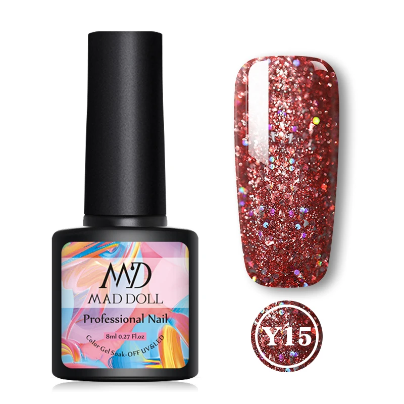 Y15 MAD DOLL, 8 мл, блестящий гель, матовый лак для ногтей, розовое золото, блестящий лак, замочить от УФ-ногтей, Гель-лак - Цвет: Y15