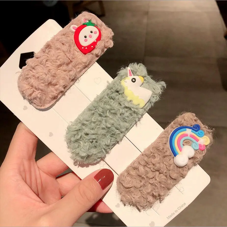 Модные милые заколки из овечьей шерсти с рисунком радуги и единорога для девочек