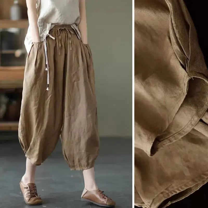 2023 Oversize 3XL Pants Women Cotton Linen Cropped Pants Spring Summer Loose Wide-Leg Pants Khaki Retro Casual Female Trousers