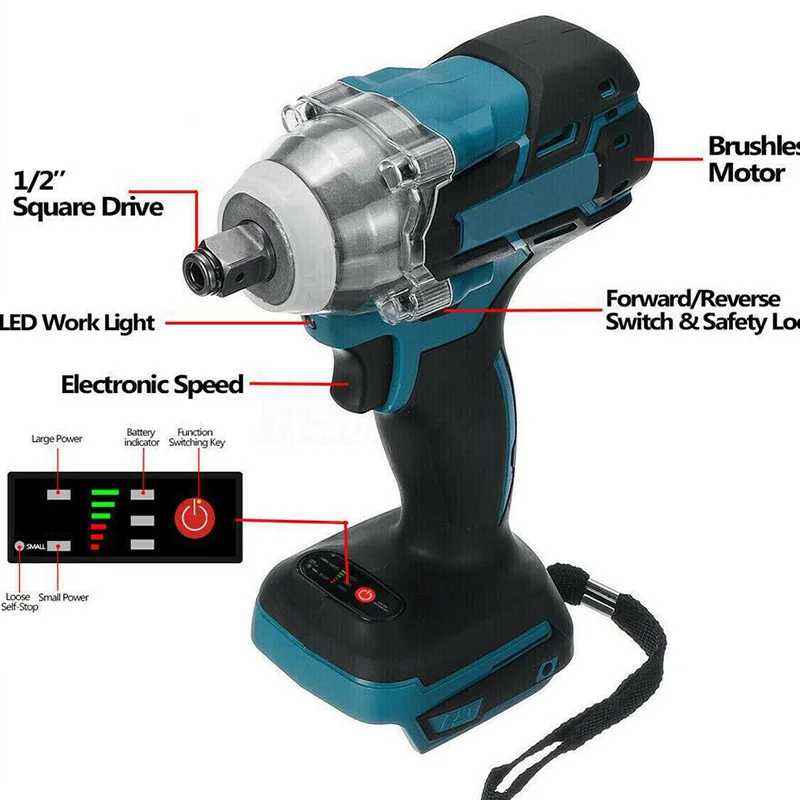 Бесщеточный аккумуляторный ударный гайковерт 1/2 дюйма с возможностью зарядки, совместимый с 2 литий-ионными аккумуляторами 18 В и возможностью одного заряда.