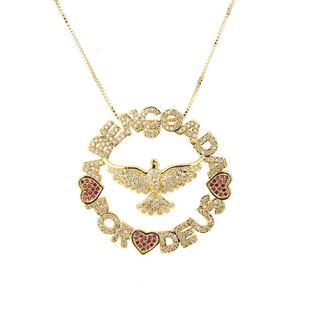 

Circular Letter Love Holy Eagle Pendant Rose Red Heart Zircon Holy Bird Necklace Charm Chain Wedding Birthday Party Gifts