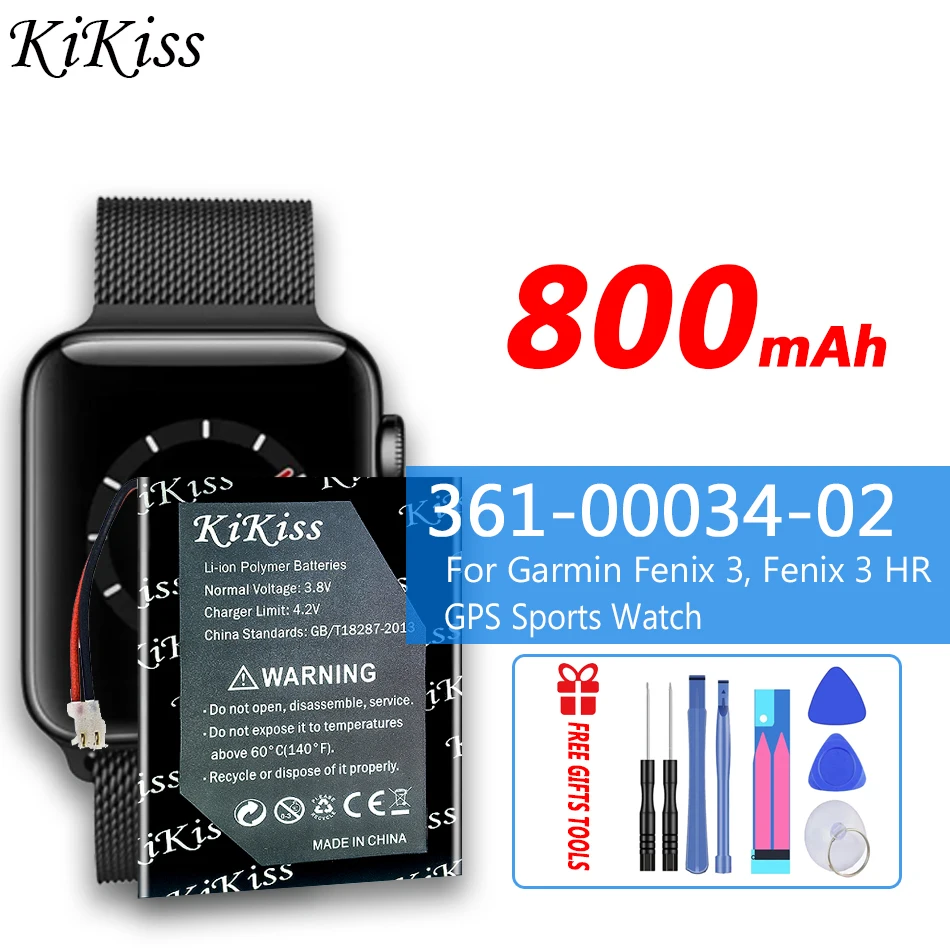 

Аккумулятор KiKiss 800 мАч 361-00034-02 для Garmin Fenix 3, Fenix 3 HR, фотоаккумулятор Fenix3 GPS для спортивных часов