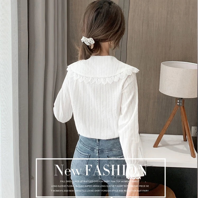 

Peter Pan Collar Chiffon Blouse 2021 Spring New Style Sweet Lace Loose Flared Sleeve Shirt Temperament Elegant Solid Color Top