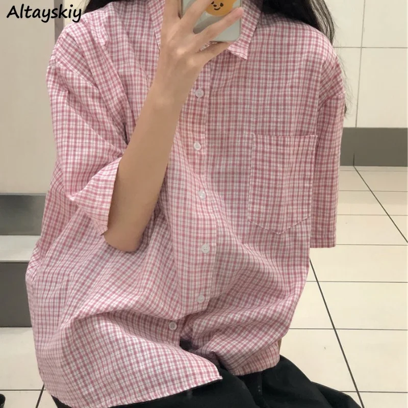 

Short Sleeve Shirts Women Sweet Plaid Simple Loose Cute Students Chic Daily Summer Breathable Preppy Style All-match Straight
