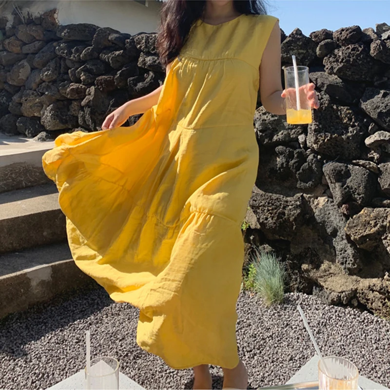 

Платье-макси из хлопка и льна, с круглым вырезом