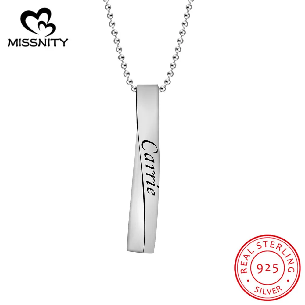

Sterling Silver Personalized 3D Bar Vertical Necklace Engraved 4 Sides Names Text Custom Twisted Pillar Pendant for Men Women