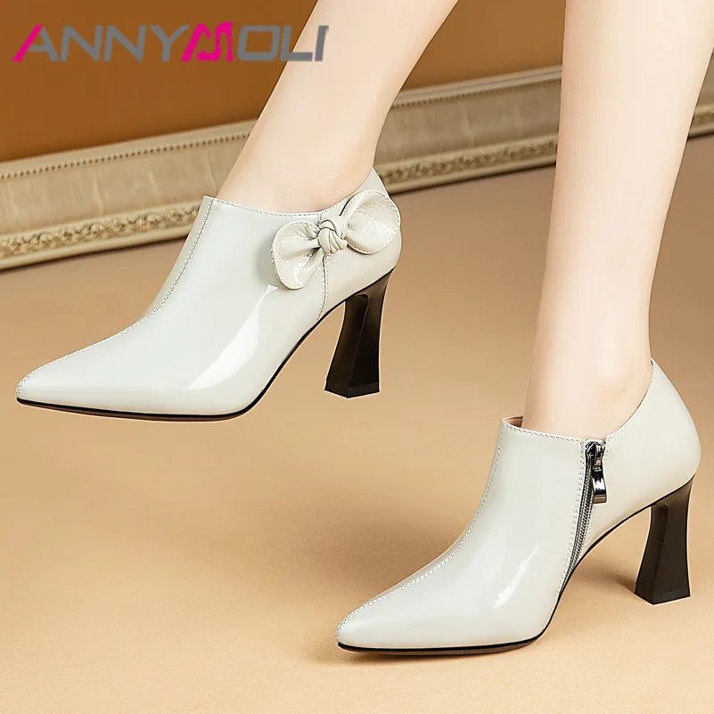 

ANNYMOLI Natural Genuine Leather Hoof Heels Fashion Shoes High Heel Pumps Women Pointed Toe Bow Zipper Female Footwear Spring 46