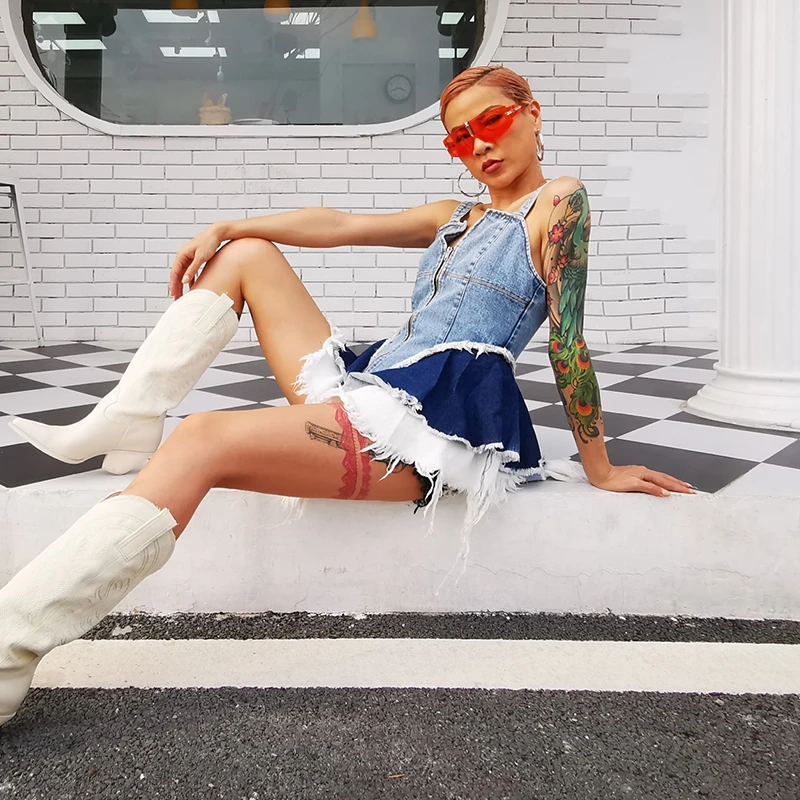 VGH Sexy Denim Women Vest Square Collar Sleeveless Spaghetti Strap Tunic Patchwork Mesh Ruffles Hit Color Camis Female 2020 Tide