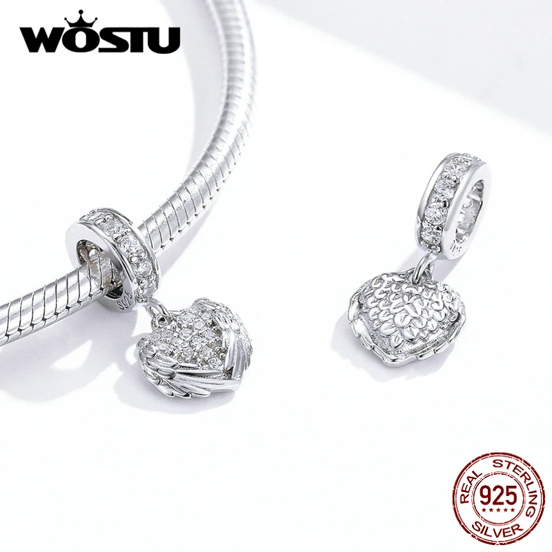WOSTU 925 пробы серебряное крыло сердца бусины CZ камень Эмаль Шарм Подходит браслет Подвеска Серебро 925 ювелирные изделия FNC138