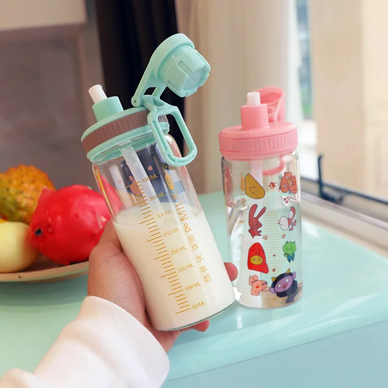 500ml Glass Fully Automatic Baby Bottle Feeding Care Kids School Outdoor Water Milk Juice with Straw Handle | Мать и ребенок