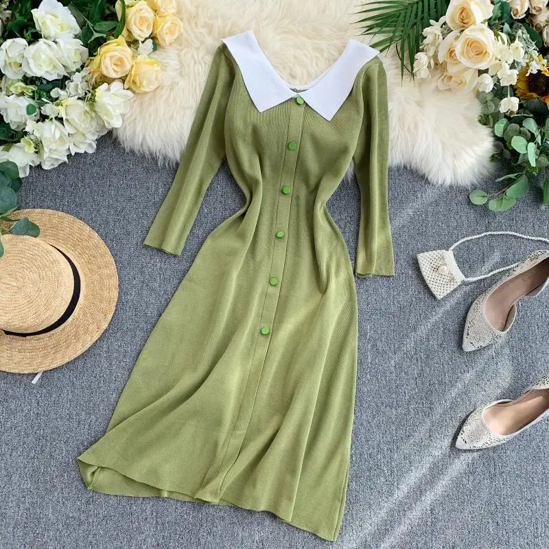 Avocado Green YoungGee женское осенне-зимнее платье с 3/4 рукавом и отложным воротником контрастного цвета, вязаный свитер трапециевидной формы, зеленые милые платья авокадо - Цвет: Avocado Green