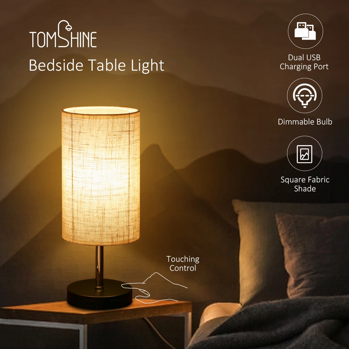 Прикроватный светильник с регулируемой яркостью 2 usb портами для зарядки Круглый