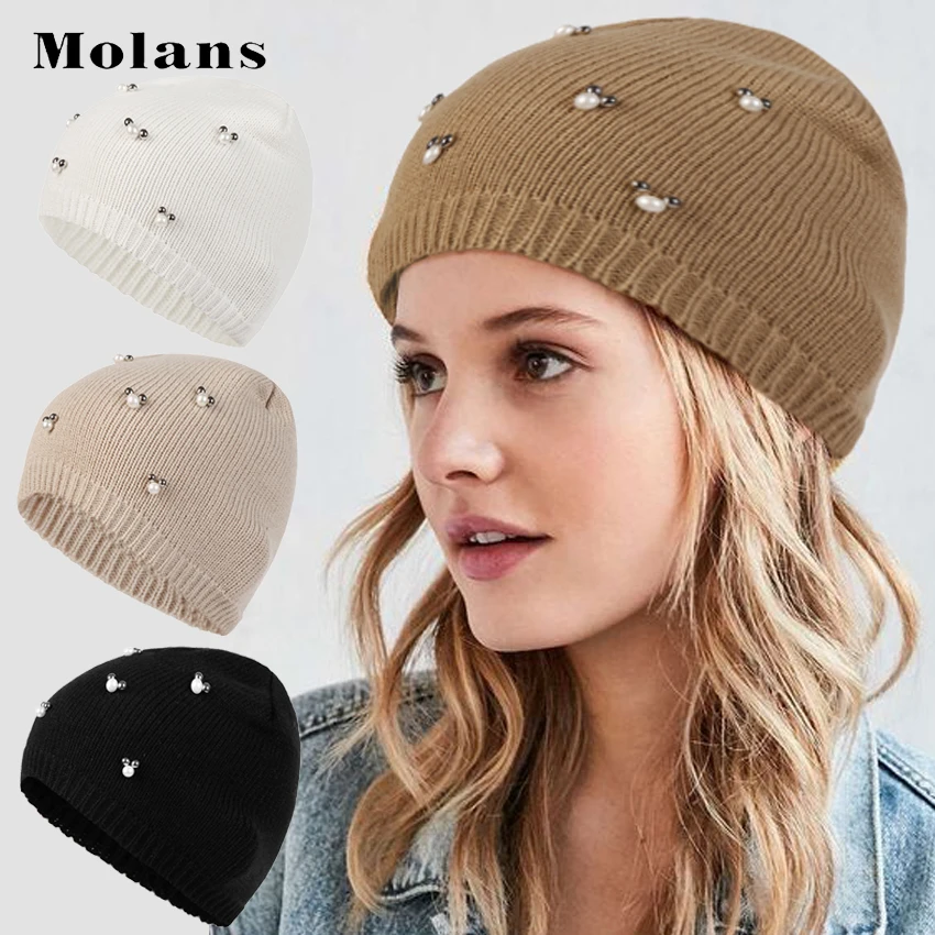 

MOLANS European American Multicolor Pearl Pullover Caps Ladies Winter Warm Knitted Hats Women Turban Acrylic Thicken Warm Cap