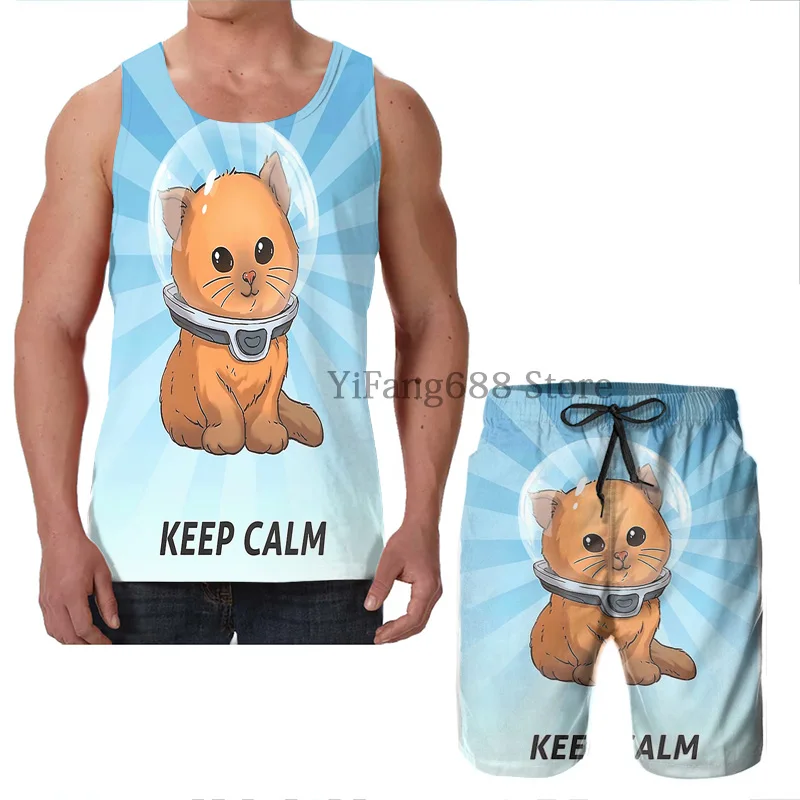 Майка с забавным принтом Keep Calm Kitty для мужчин и женщин летние пляжные шорты