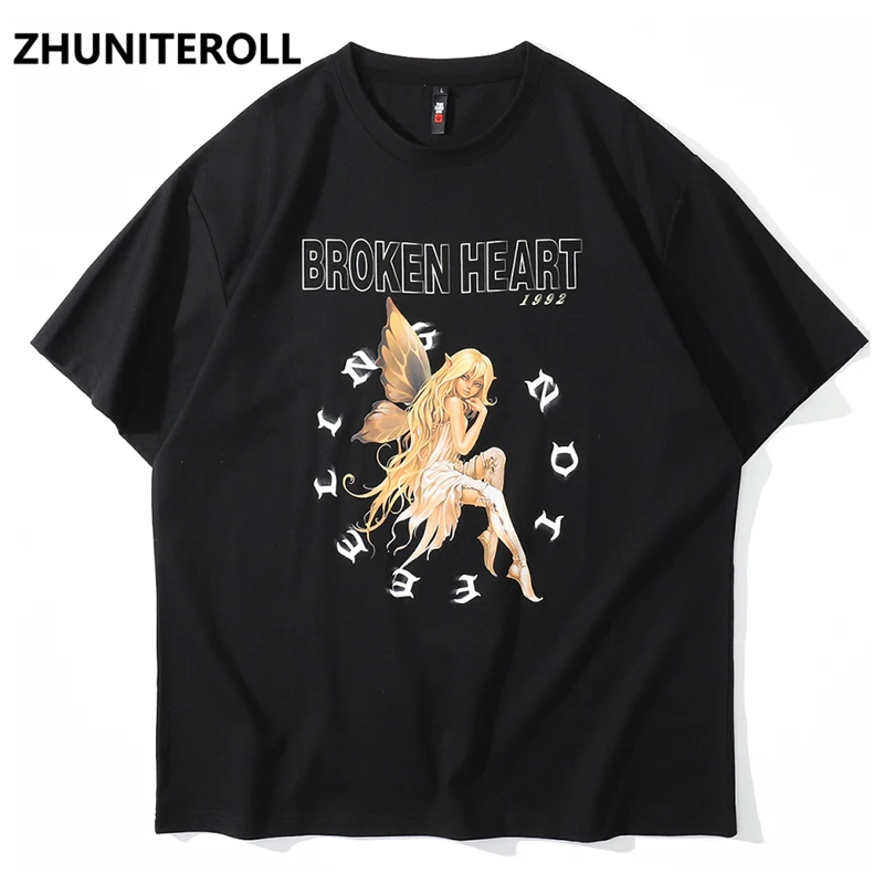 

Футболка мужская с принтом ангела, модная тенниска в стиле Харадзюку, майка с коротким рукавом и изображением разбитого сердца, уличная оде...