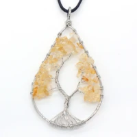 fyjs unique jewelry silver plated wire wrap tree of life natural yellow citrines pendant water drop necklace