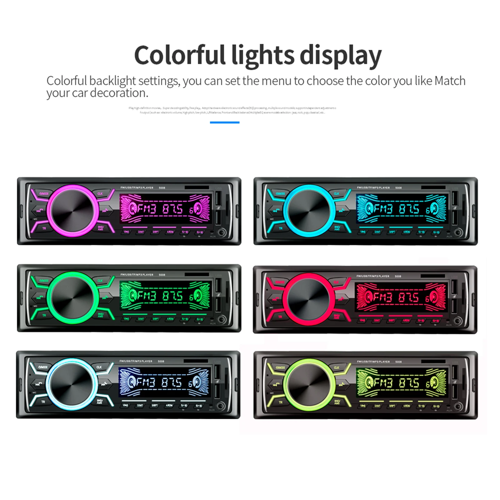 Автомобильная стереосистема с 7 цветными светодиодами, радио, BT, Авторадио, быстрая зарядка, USB, стереозвук, MP3, ID3, WMA, AUX-IN TF, A2DP, система громкой связи, ISO