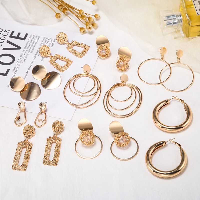 

Vintage Metal Geometric Drop Earrings For Women Gold Color Hollow Round Statement Hanging Fashion Dangle Earring Jewelry