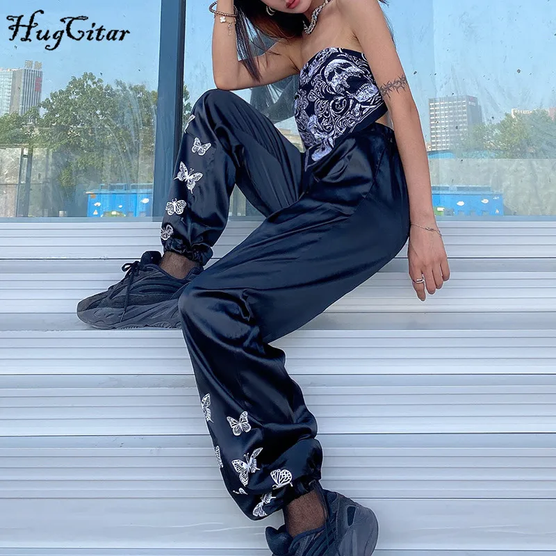 Женские брюки-карго Hugcitar с высокой талией и принтом бабочки уличная одежда для